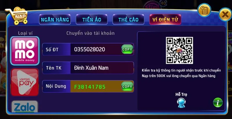 Nạp Tiền Qua Ví Điện Tử
